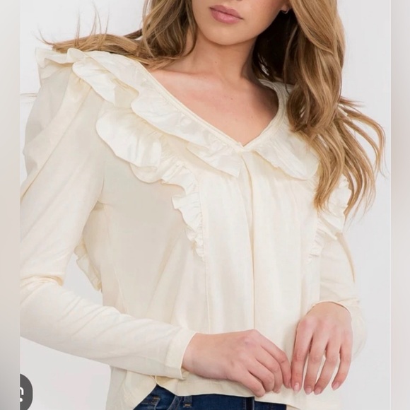 Anthropologie Ruffled V Neck Blouse Top Womens Size XSP Cream Long Sleeved - Picture 2 of 8